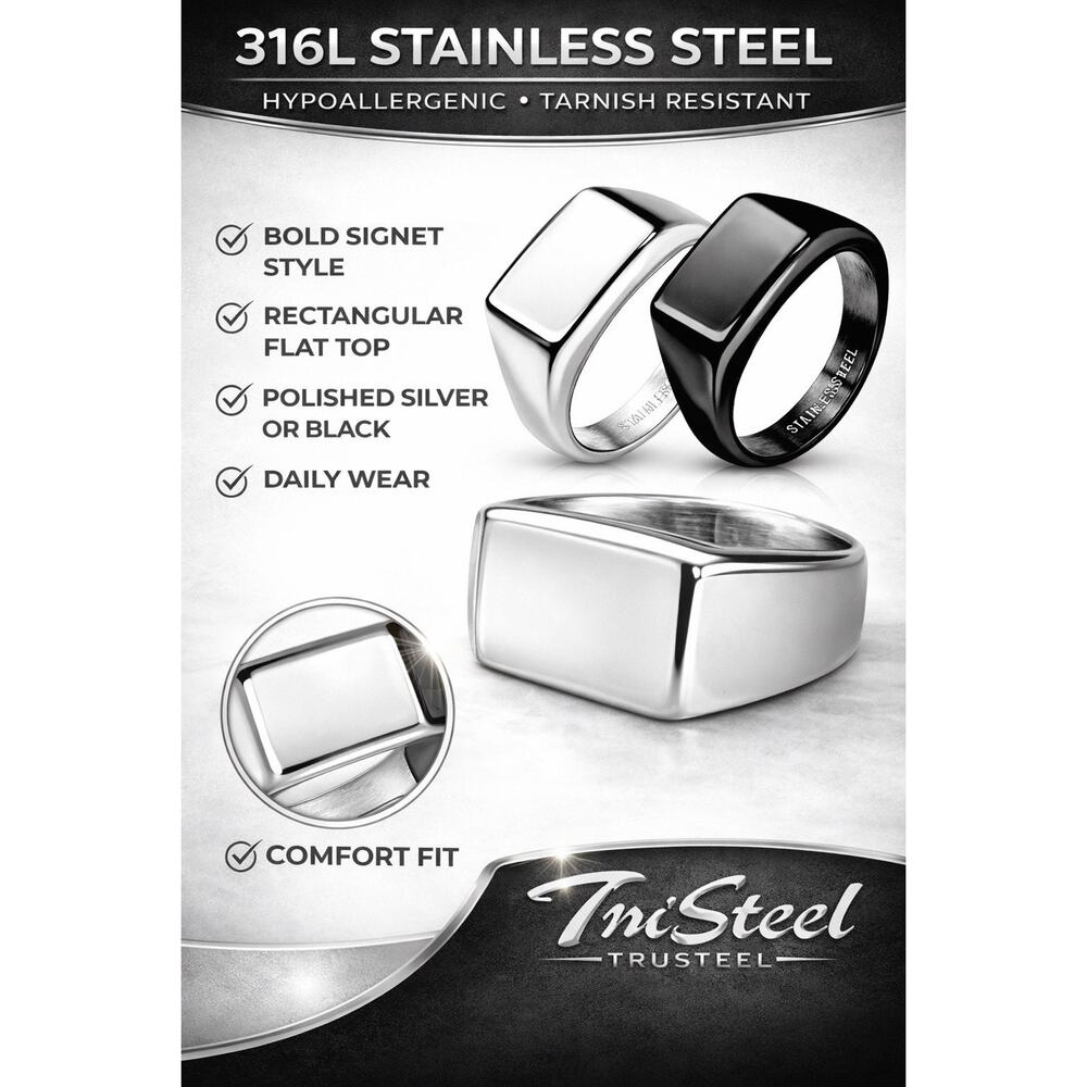 Men’s Wide Square Flat Black Plated 316L Stainless Steel Ring 9mm width Size 10
